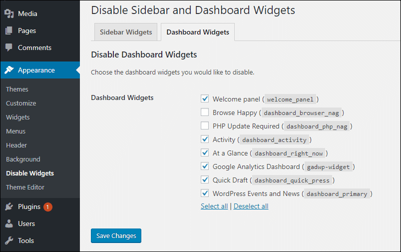 Deshabilitar widgets del tablero en WordPress