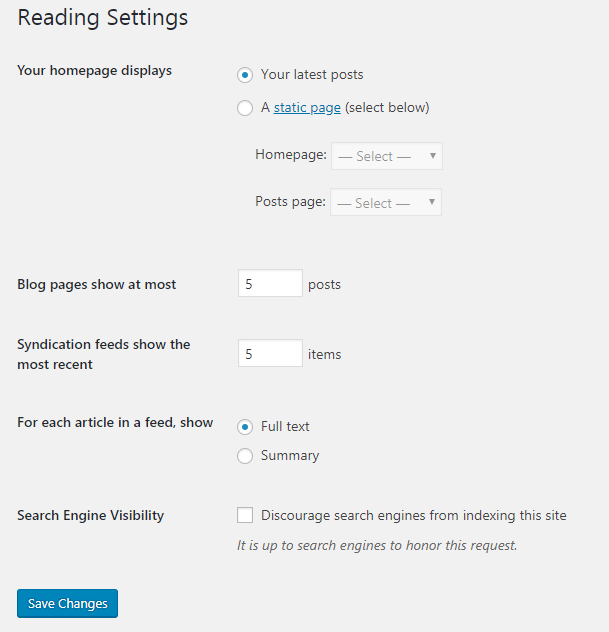 Configuración de lectura de WordPress